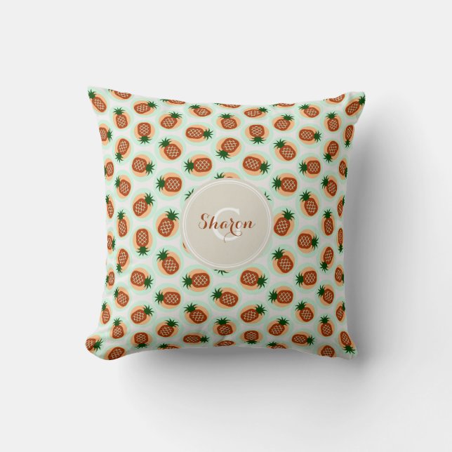 Retro bruine en mint ananas patronen monogram kussen (Voorkant)