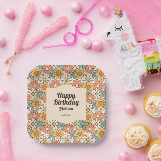 Retro Bruine Perzik Bloemen Groovy Verjaardag Papieren Bordje (Feest)