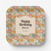 Retro Bruine Perzik Bloemen Groovy Verjaardag Papieren Bordje (Voorkant)