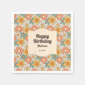 Retro Bruine Perzik Bloemen Groovy Verjaardag Servet (Voorkant)