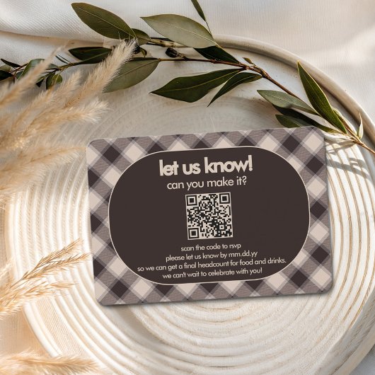Retro bruine ruit Casual trouw-QR-code RSVP Kaartje
