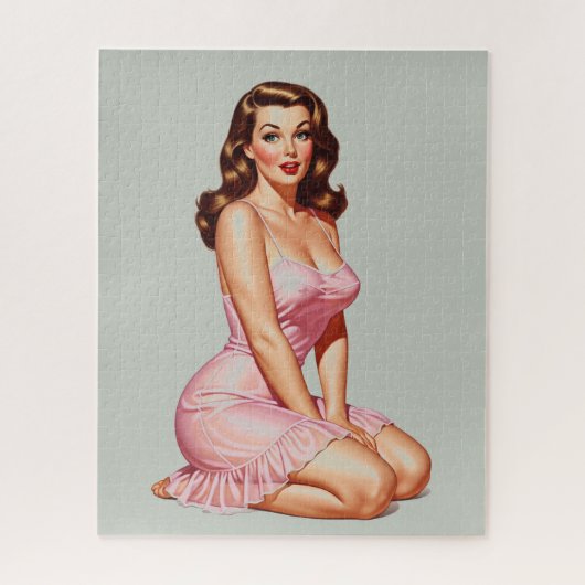 Retro Brunette Pin-up Girl in Pink Legpuzzel (Verticaal)