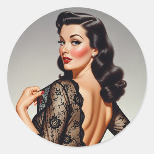 Retro brunette pin-up meisje 50's glamour stijl ronde sticker