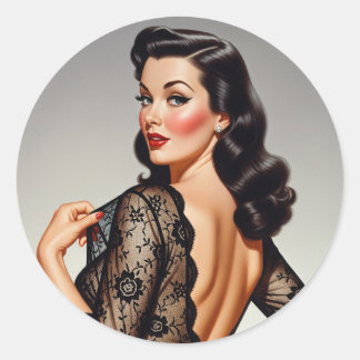Retro brunette pin-up meisje 50's glamour stijl ronde sticker