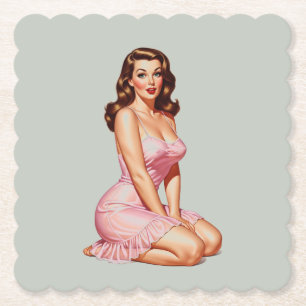 Retro Brunette Pin-up Meisje in Roze Kartonnen Onderzetters