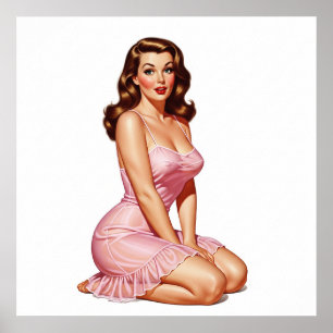 Retro Brunette Pin-up Meisje in Roze Poster