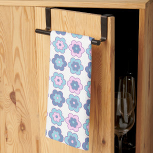 Retro Bubbel Bloemen (roze en blauw) Patroon Theedoek