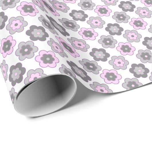 Retro Bubbel Bloemen (Roze en Grijs) Patroon Cadeaupapier (Rol Hoek)