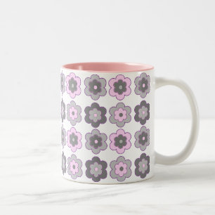 Retro Bubbel Bloemen (roze en grijs) Patroon Tweekleurige Koffiemok