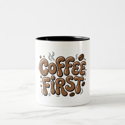Retro-bubbeltypografie mok met 'Coffee First' (Center)
