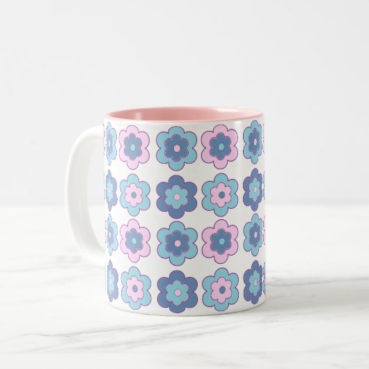 Retro Bubble Flowers (pink and blue)  Pattern Tweekleurige Koffiemok (Voorkant links)