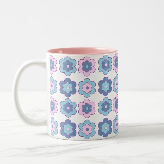 Retro Bubble Flowers (pink and blue)  Pattern Tweekleurige Koffiemok (Links)