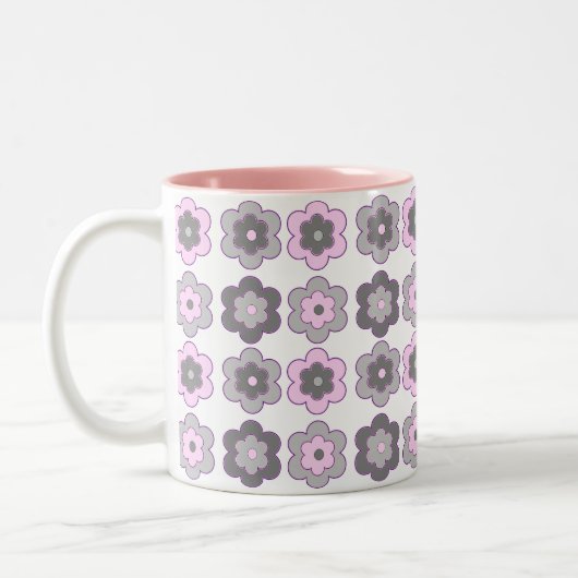 Retro Bubble Flowers (pink and gray)  Pattern Tweekleurige Koffiemok (Links)