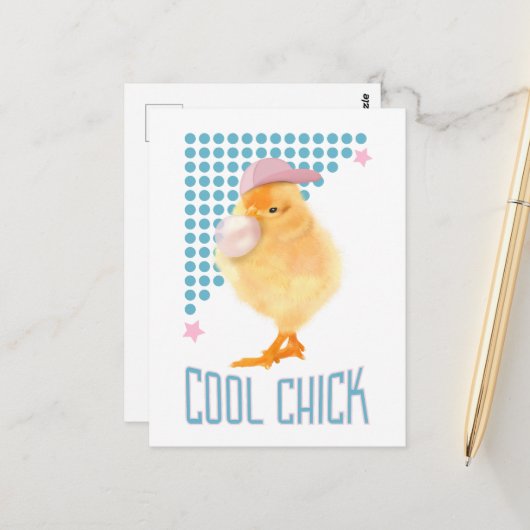 Retro Bubblegum Blowing Chick - Cool Chick Briefkaart (Voorkant / Achterkant in situ)