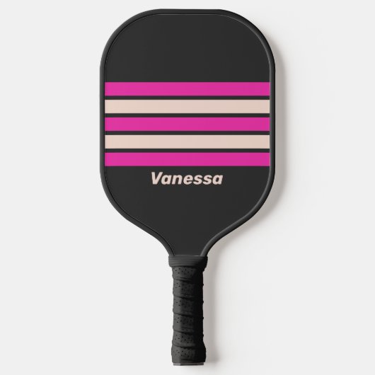 Retro Bubblegum Dwarsgestreept met Naam Pickleball Paddle (Voorkant)