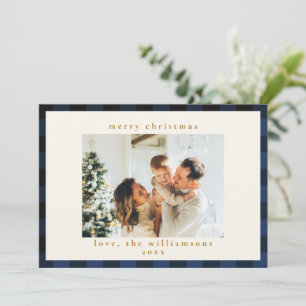 Retro Buffalo Plaid Tartan Patroon Navy Blauwe Zwa Feestdagenkaart