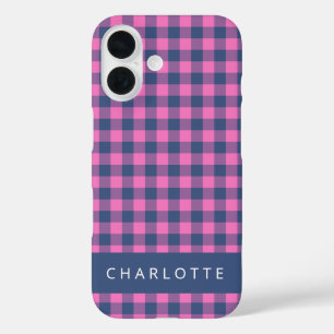 Retro Buffalo Pset Pink Blue Persoonlijke naam iPhone 16 Hoesje