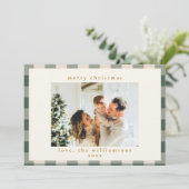 Retro Buffalo Pset Tartan Forest Green Foto Feestdagenkaart (Staand voorkant)