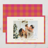 Retro Buffalo Pset Tartan Roze en Oranje Feestdagenkaart (Voorkant / Achterkant)