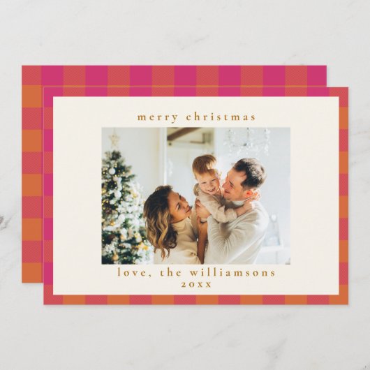 Retro Buffalo Pset Tartan Roze en Oranje Feestdagenkaart (Voorkant / Achterkant)