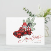 Retro Buffalo Red Truck Gnomes Rustige Kerstmis Feestdagenkaart (Staand voorkant)