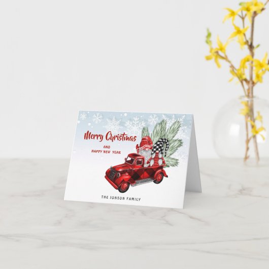 Retro Buffalo Red Truck Gnomes Rustige Kerstmis Kaart (Gele Bloem)