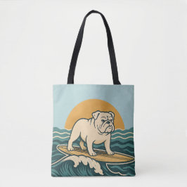 Retro Bulldog Surfer | Blauwe Surf Dog Grafische B Tote Bag