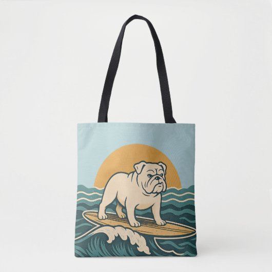 Retro Bulldog Surfer -Blue Coastal Surfing Dog Art Tote Bag (Voorkant)