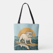 Retro Bulldog Surfer -Blue Coastal Surfing Dog Art Tote Bag (Achterkant)