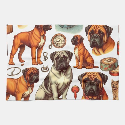Retro Bullmastiff naadloos Theedoek (Horizontaal)