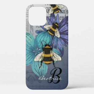 Retro Bumble Bee floral monogram Case-Mate iPhone Case