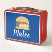 Retro Burger Blauwe Rode Kindernaam Metal Lunchbox (Voorkant)