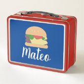 Retro Burger Blauwe Rode Kindernaam Metal Lunchbox (Achterkant)