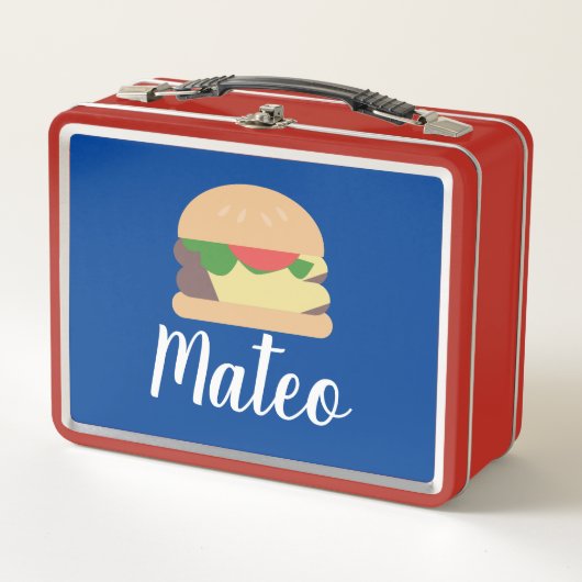 Retro Burger Blue Red Kinder Name Metal Lunch Box (Voorkant)