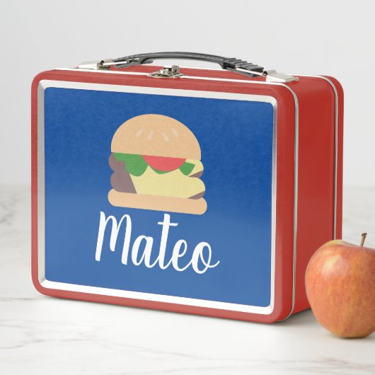 Retro Burger Blue Red Kinder Name Metal Lunch Box (In situ)