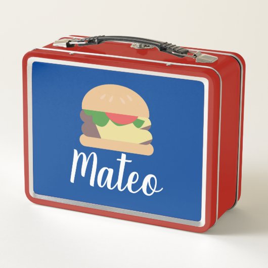 Retro Burger Blue Red Kinder Name Metal Lunch Box (Achterkant)