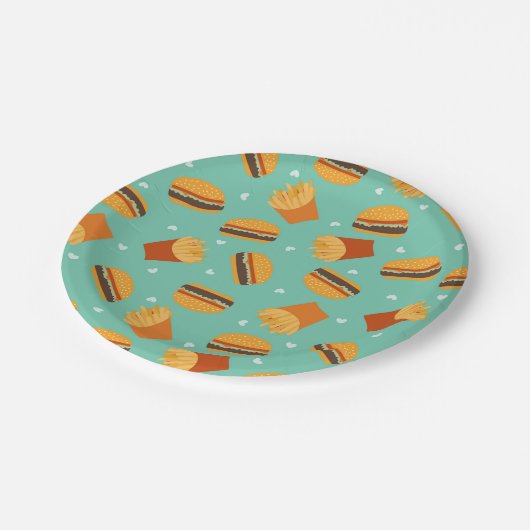 Retro Burger en Fries Papieren Bordje (Gekanteld)