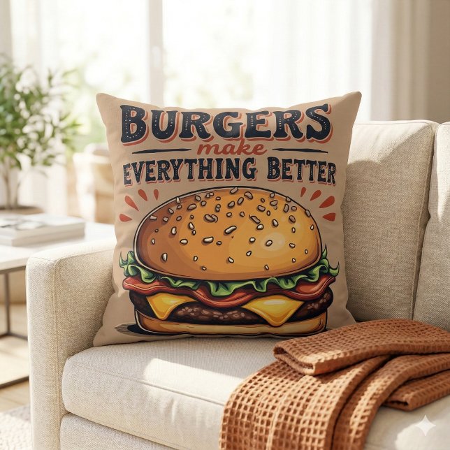 Retro Burger Lover  Typografie Food Art Kussen (Retro Burger Lover Vintage Typography Food Art Throw Pillow Mockup A)