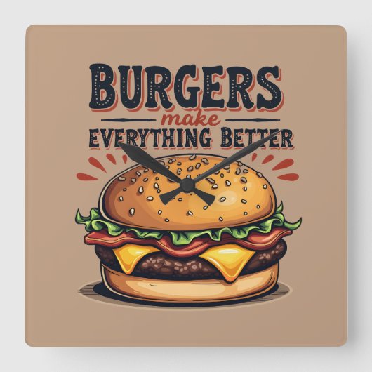 Retro Burger Lover  Typografie Food Art Vierkante Klok (Voorkant)