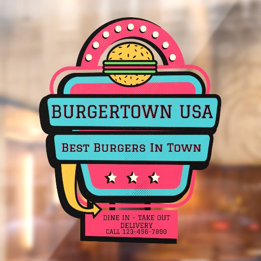 Retro Burger Restaurant Front aanpassen Raamsticker (Vel 2)