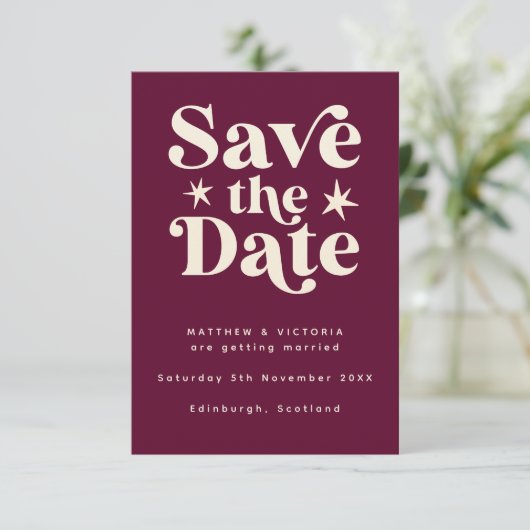 Retro Burgundy Boho Simple Save the Date Card (Staand voorkant)