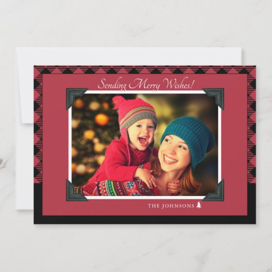 Retro Burgundy Buffalo: kerstfoto Feestdagenkaart (Voorkant)