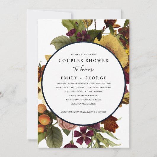  RETRO BURGUNDY GEEL FLORAL COUPLE SHOWER KAART (Voorkant)