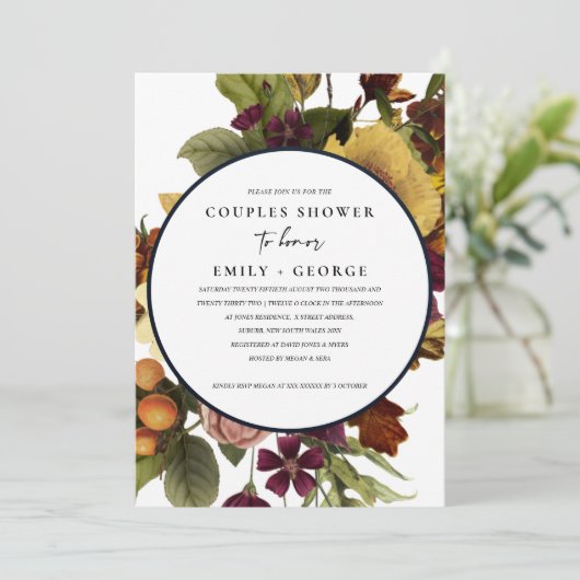  RETRO BURGUNDY GEEL FLORAL COUPLE SHOWER KAART (Staand voorkant)