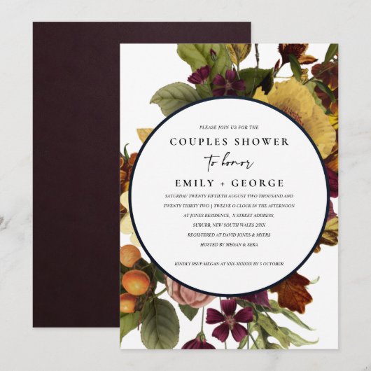 RETRO BURGUNDY GEEL FLORAL COUPLE SHOWER KAART (Voorkant / Achterkant)