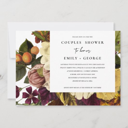  RETRO BURGUNDY GEEL FLORAL COUPLE SHOWER KAART (Voorkant)