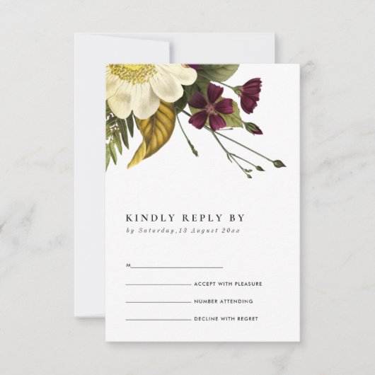 RETRO BURGUNDY GEEL FLORAL WEDDING RSVP (Voorkant)