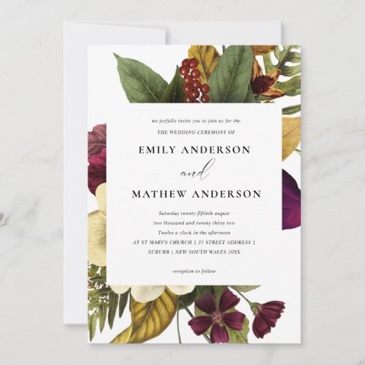  RETRO BURGUNDY GEEL VLOEDBUNCH WEDING KAART (Voorkant)