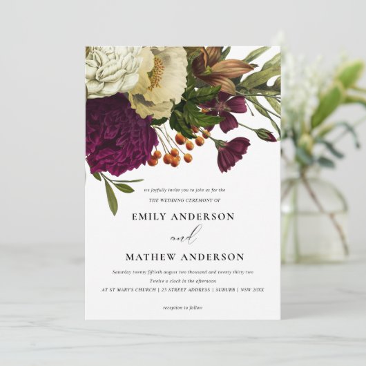 RETRO BURGUNDY GEEL VLOEDBUNCH WEDING KAART (Staand voorkant)