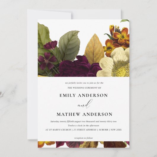  RETRO BURGUNDY GEEL VLOEDBUNCH WEDING KAART (Voorkant)